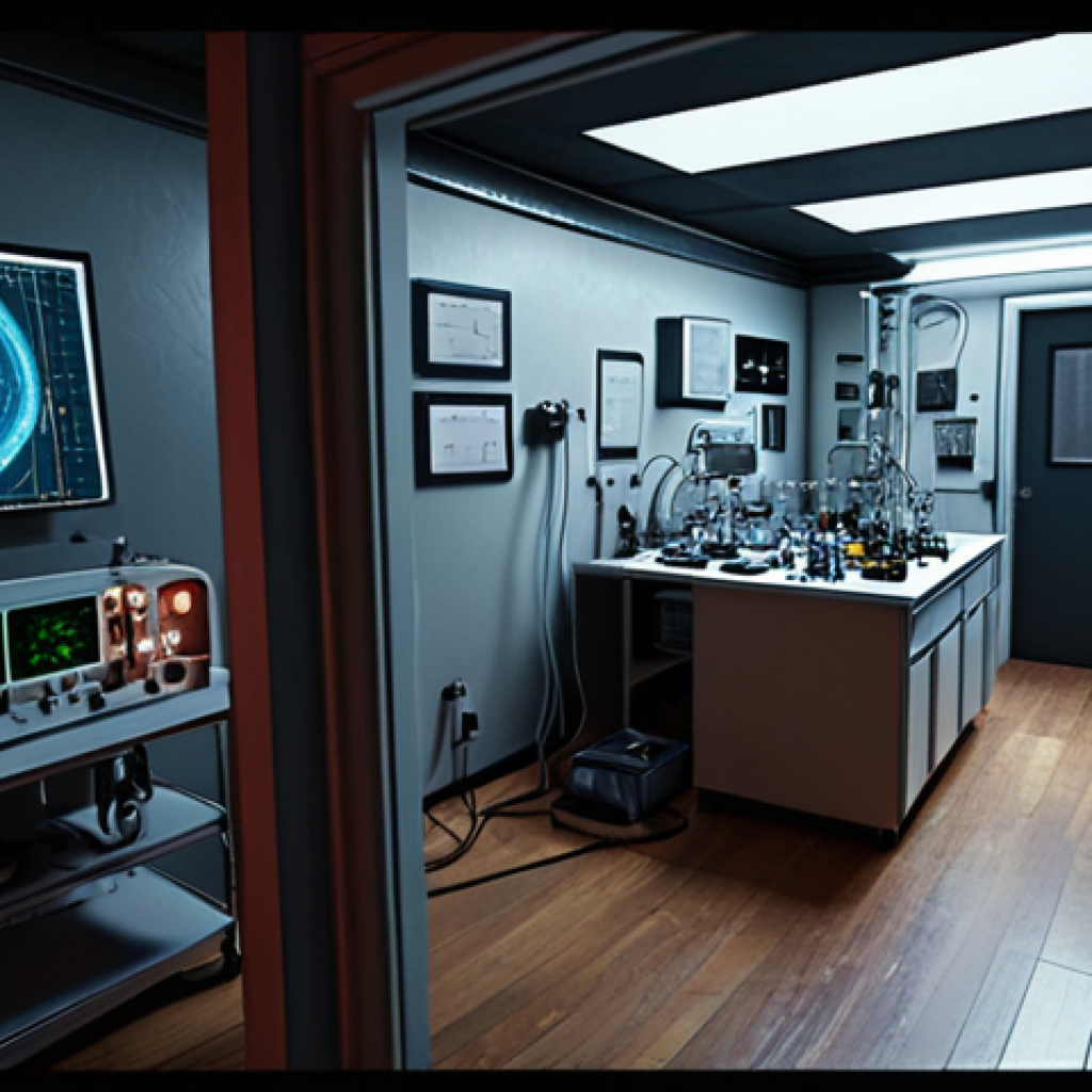 **

A high-tech laboratory inside a mysterious apartment, filled with advanced sensors, thermal cameras, and AI interfaces analyzing paranormal activity.  Visualize strange electromagnetic fields and energy signatures being detected. Focus on the intersection of advanced technology and the unexplained.

**