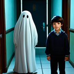 **Prompt:** A young boy and girl, fully clothed in modest, everyday school attire, standing alongside a friendly, cartoon-like ghost character inspired by the Shinbi Apartment series. They are in a dimly lit but inviting old apartment hallway, with a mysterious, slightly ajar door in the background. The atmosphere is one of gentle mystery and adventure, safe for work. The characters exhibit perfect anatomy, correct proportions, natural poses, well-formed hands, proper finger count, and natural body proportions. Professional photography, high quality, appropriate content, fully clothed, family-friendly.