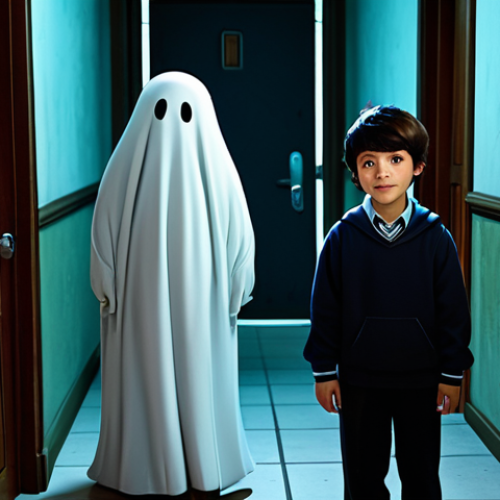 Home 25 **Prompt:** A young boy and girl, fully clothed in modest, everyday school attire, standing alongside a friendly, cartoon-like ghost character inspired by the Shinbi Apartment series. They are in a dimly lit but inviting old apartment hallway, with a mysterious, slightly ajar door in the background. The atmosphere is one of gentle mystery and adventure, safe for work. The characters exhibit perfect anatomy, correct proportions, natural poses, well-formed hands, proper finger count, and natural body proportions. Professional photography, high quality, appropriate content, fully clothed, family-friendly.