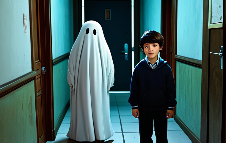 **Prompt:** A young boy and girl, fully clothed in modest, everyday school attire, standing alongside a friendly, cartoon-like ghost character inspired by the Shinbi Apartment series. They are in a dimly lit but inviting old apartment hallway, with a mysterious, slightly ajar door in the background. The atmosphere is one of gentle mystery and adventure, safe for work. The characters exhibit perfect anatomy, correct proportions, natural poses, well-formed hands, proper finger count, and natural body proportions. Professional photography, high quality, appropriate content, fully clothed, family-friendly.