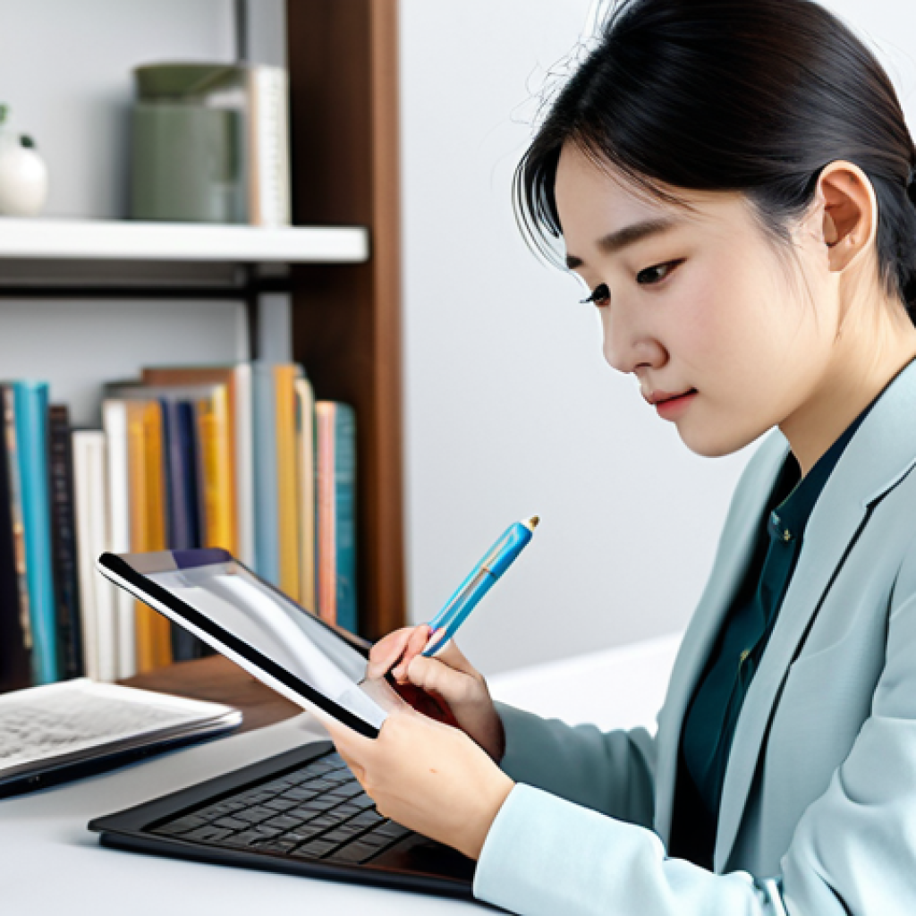 A professional female animator, fully clothed in modest business casual attire, sketching on a digital tablet in a bright, contemporary studio. The background features shelves filled with books and subtle, elegant Korean traditional design elements. The atmosphere is thoughtful and creative, capturing a moment of inspiration. Professional photography, high resolution, intricate details, soft focus background, perfect anatomy, natural pose, correct proportions, well-formed hands, proper finger count, natural body proportions, safe for work, appropriate content, family-friendly.