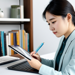 A professional female animator, fully clothed in modest business casual attire, sketching on a digital tablet in a bright, contemporary studio. The background features shelves filled with books and subtle, elegant Korean traditional design elements. The atmosphere is thoughtful and creative, capturing a moment of inspiration. Professional photography, high resolution, intricate details, soft focus background, perfect anatomy, natural pose, correct proportions, well-formed hands, proper finger count, natural body proportions, safe for work, appropriate content, family-friendly.