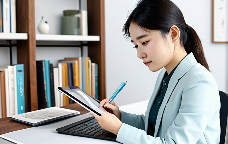A professional female animator, fully clothed in modest business casual attire, sketching on a digital tablet in a bright, contemporary studio. The background features shelves filled with books and subtle, elegant Korean traditional design elements. The atmosphere is thoughtful and creative, capturing a moment of inspiration. Professional photography, high resolution, intricate details, soft focus background, perfect anatomy, natural pose, correct proportions, well-formed hands, proper finger count, natural body proportions, safe for work, appropriate content, family-friendly.
