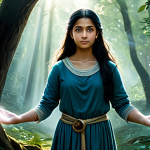 A professional young female character, named Hari, with an empathetic and determined expression, establishing a deep spiritual bond with several benevolent ethereal wisps that gently swirl around her. She is depicted in modest, practical attire, fully clothed, standing in a serene, mystical forest clearing where soft, magical light filters through the trees. The atmosphere is peaceful and harmonious, reflecting her ability to bring balance. Perfect anatomy, correct proportions, natural pose, well-formed hands, proper finger count, natural body proportions, safe for work, appropriate content, fully clothed, family-friendly, high quality professional photography.