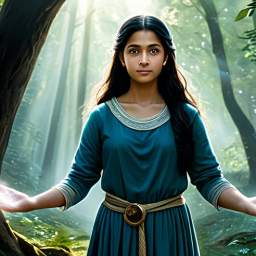 Home 23 A professional young female character, named Hari, with an empathetic and determined expression, establishing a deep spiritual bond with several benevolent ethereal wisps that gently swirl around her. She is depicted in modest, practical attire, fully clothed, standing in a serene, mystical forest clearing where soft, magical light filters through the trees. The atmosphere is peaceful and harmonious, reflecting her ability to bring balance. Perfect anatomy, correct proportions, natural pose, well-formed hands, proper finger count, natural body proportions, safe for work, appropriate content, fully clothed, family-friendly, high quality professional photography.