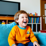 **

A child laughing while watching a cartoon on TV. The cartoon features friendly, colorful characters in a whimsical setting. The child is sitting on a comfortable sofa in a cozy living room, surrounded by toys and books. Focus on a warm, inviting atmosphere, suggesting the joy of childhood and imaginative play. safe for work, appropriate content, fully clothed, family-friendly.

**
