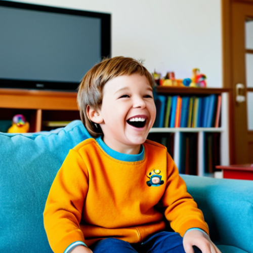 Home 9 **
A child laughing while watching a cartoon on TV. The cartoon features friendly, colorful characters in a whimsical setting. The child is sitting on a comfortable sofa in a cozy living room, surrounded by toys and books. Focus on a warm, inviting atmosphere, suggesting the joy of childhood and imaginative play. safe for work, appropriate content, fully clothed, family-friendly.
**