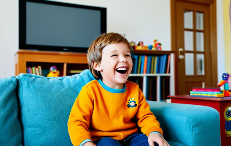 **

A child laughing while watching a cartoon on TV. The cartoon features friendly, colorful characters in a whimsical setting. The child is sitting on a comfortable sofa in a cozy living room, surrounded by toys and books. Focus on a warm, inviting atmosphere, suggesting the joy of childhood and imaginative play. safe for work, appropriate content, fully clothed, family-friendly.

**