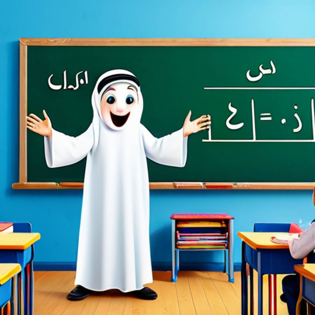 신비아파트 관련 교재와 활용법 - **Subject:** Children learning the Arabic alphabet with cartoon characters "Shaqqat Al Ashbah" (Ghos...