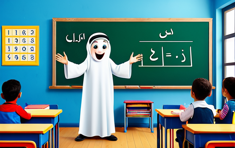신비아파트 관련 교재와 활용법 - **Subject:** Children learning the Arabic alphabet with cartoon characters "Shaqqat Al Ashbah" (Ghos...