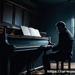 Home 21 신비아파트 배경음악 작곡가 - A mysterious and suspenseful cinematic scene featuring a dimly lit room with shadowy corners, where ...