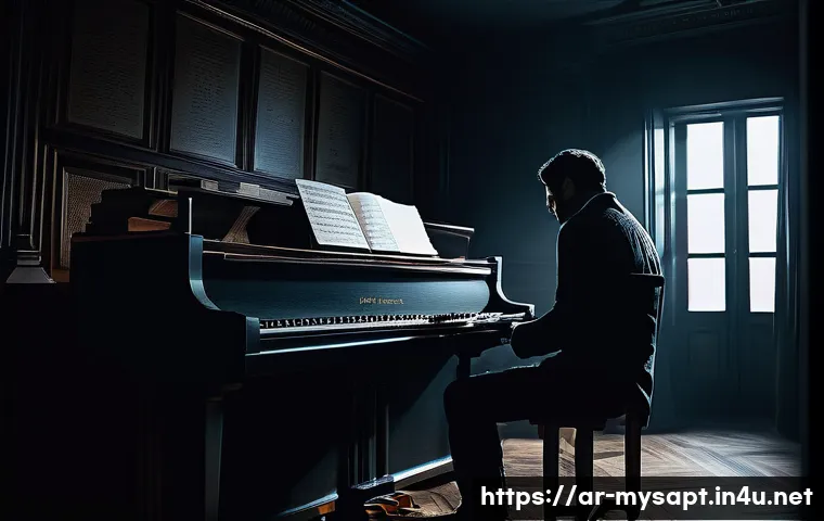신비아파트 배경음악 작곡가 - A mysterious and suspenseful cinematic scene featuring a dimly lit room with shadowy corners, where ...