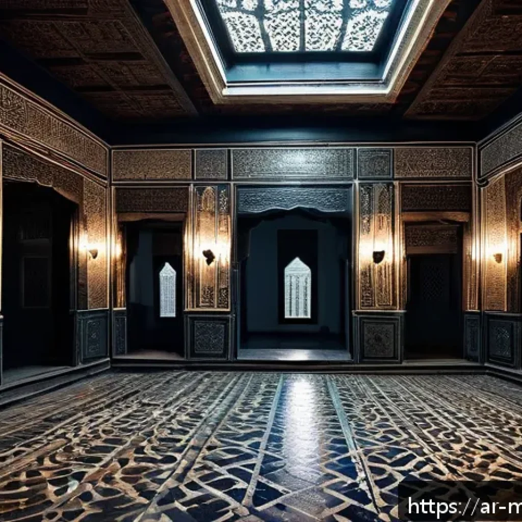 신비아파트 귀신의 이름과 의미 - A dimly lit old Middle Eastern building interior during a stormy night, showing shadowy, distorted g...