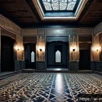 신비아파트 귀신의 이름과 의미 - A dimly lit old Middle Eastern building interior during a stormy night, showing shadowy, distorted g...