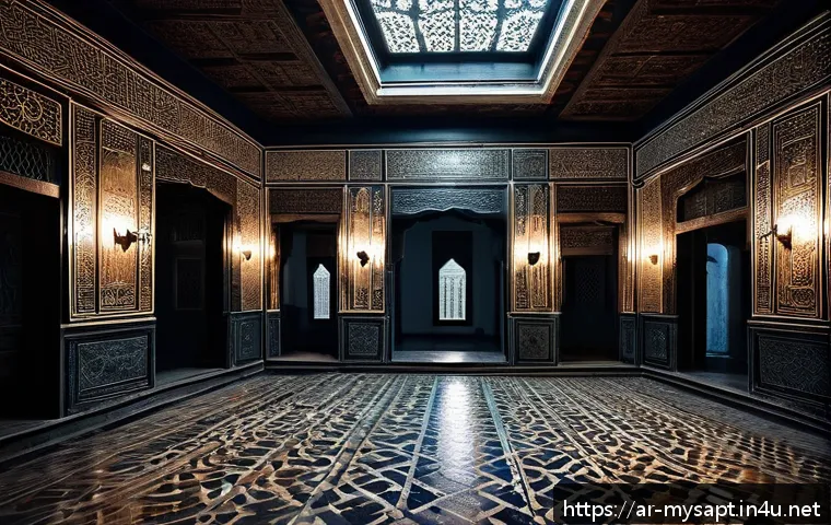 신비아파트 귀신의 이름과 의미 - A dimly lit old Middle Eastern building interior during a stormy night, showing shadowy, distorted g...