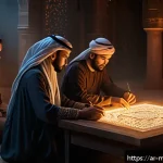 신비아파트 신비와 금비 비밀 해제 - A mysterious, shadowy fantasy environment filled with intricate ancient symbols and glowing runes, w...