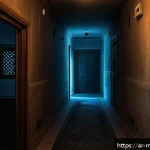 신비아파트 귀신의 유래와 스토리텔링 - A dimly lit, eerie apartment corridor in Shinbi Apartment, featuring semi-transparent ghostly appari...