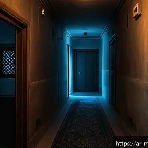 신비아파트 귀신의 유래와 스토리텔링 - A dimly lit, eerie apartment corridor in Shinbi Apartment, featuring semi-transparent ghostly appari...