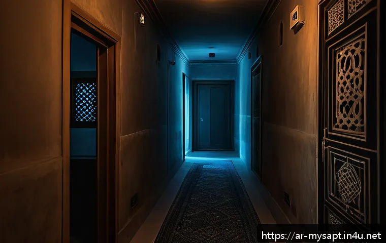 신비아파트 귀신의 유래와 스토리텔링 - A dimly lit, eerie apartment corridor in Shinbi Apartment, featuring semi-transparent ghostly appari...
