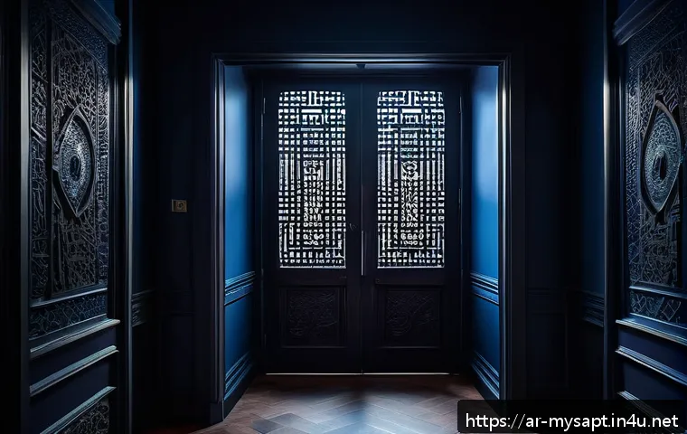 신비아파트 스토리 구조 분석 - A mysterious dark apartment hallway inspired by Shinbi Apartment, featuring dim lighting with heavy ...