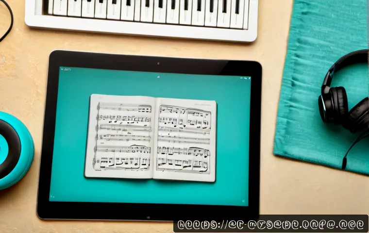 신비아파트 주제곡 악보 다운로드 - Photorealistic overhead view of a clean home music desk in an Arab family living room, a tablet disp...